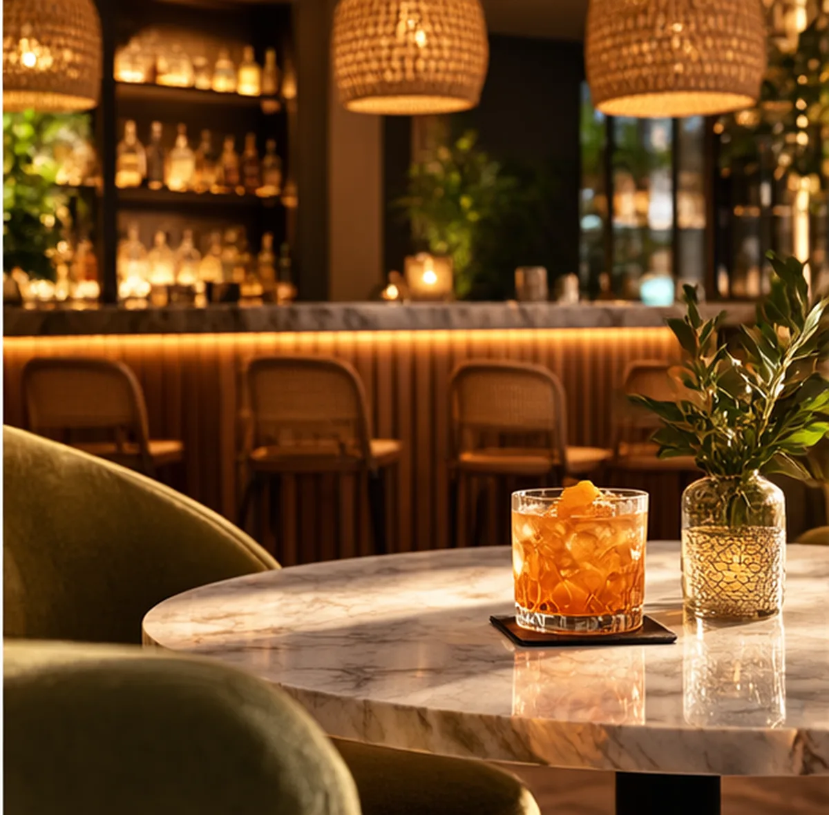 Cocktail on a marble table in a warm, stylish bar