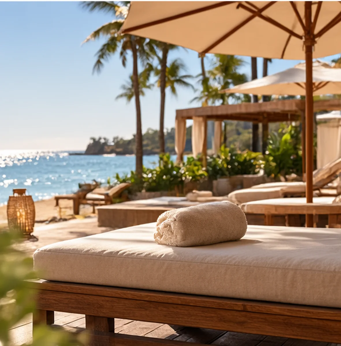 Beachfront lounger with towel under parasols by the sea