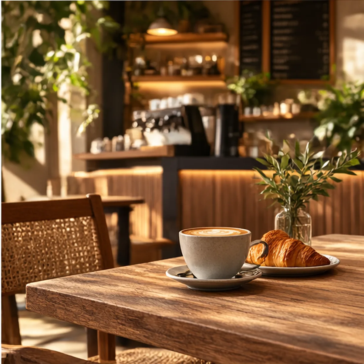 Latte and croissant on a wooden table in a sunlit café