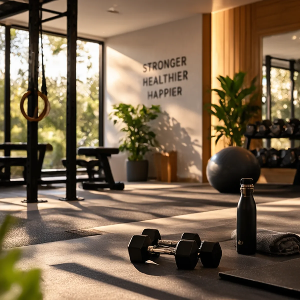 Bright gym with dumbbells, water bottle and plants