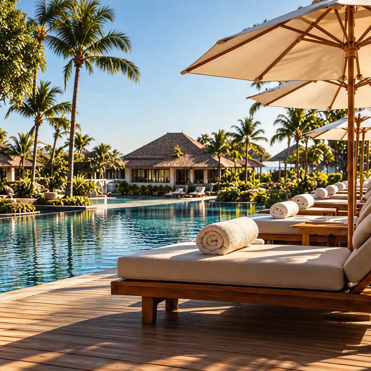 Resort pool with sun loungers, towels and palm trees