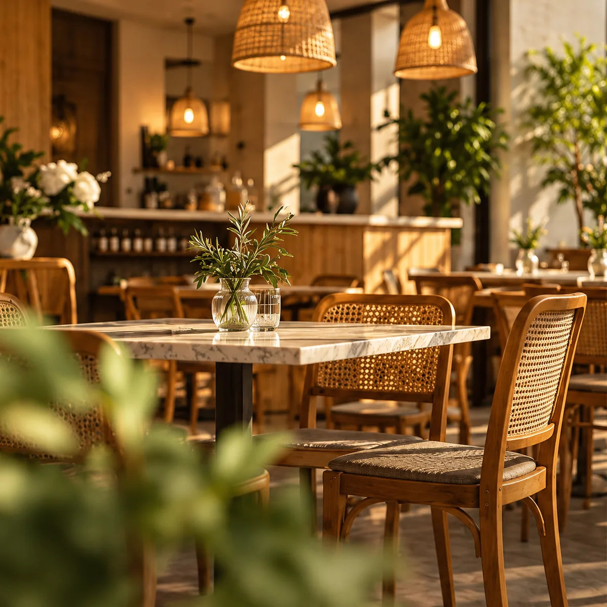 Sunlit restaurant dining room with marble tables and rattan chairs