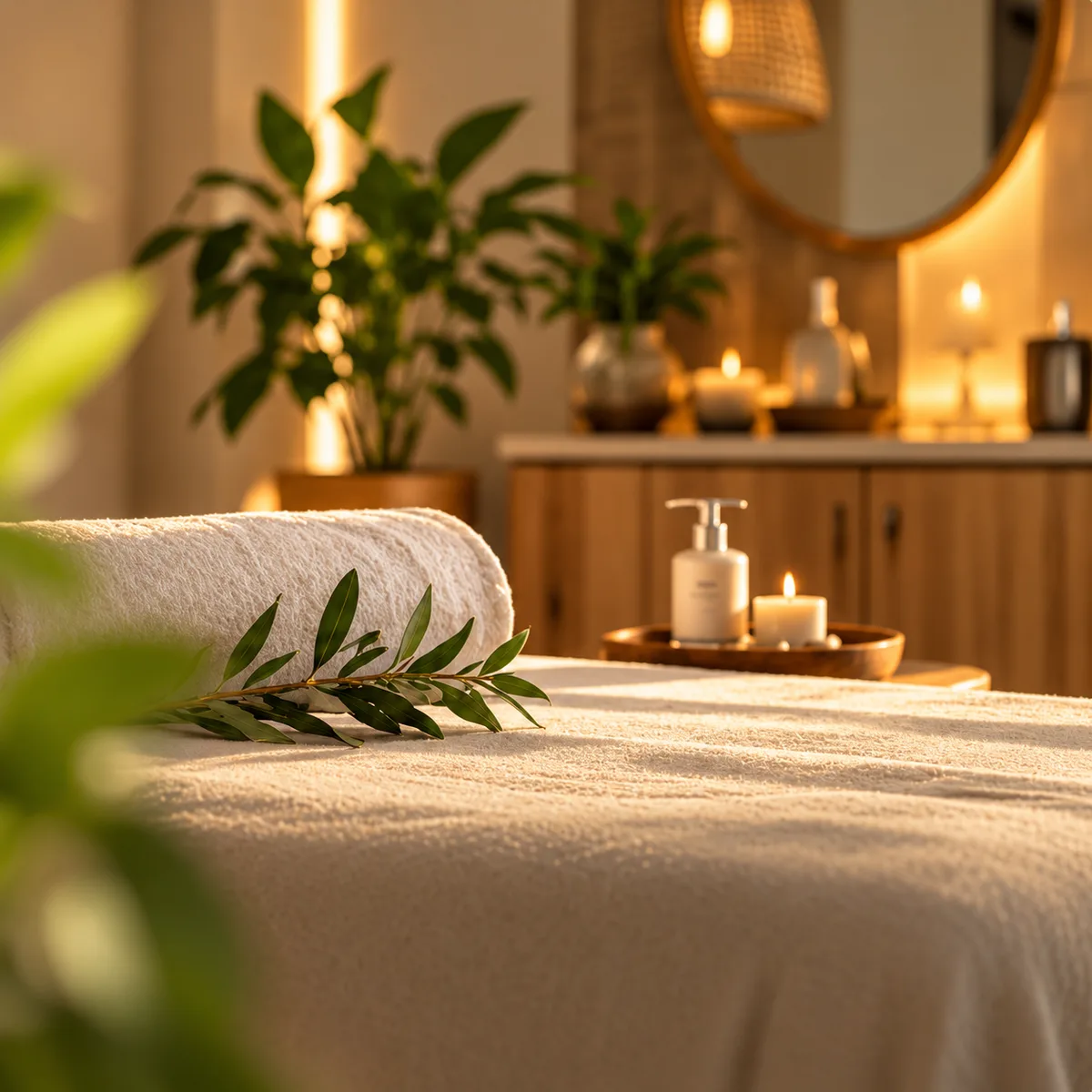 Calm spa treatment room with towels, candles and greenery