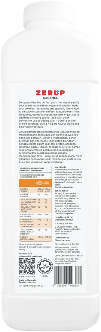 Zerup Caramel syrup 1L bottle — back label with ingredients and nutrition information