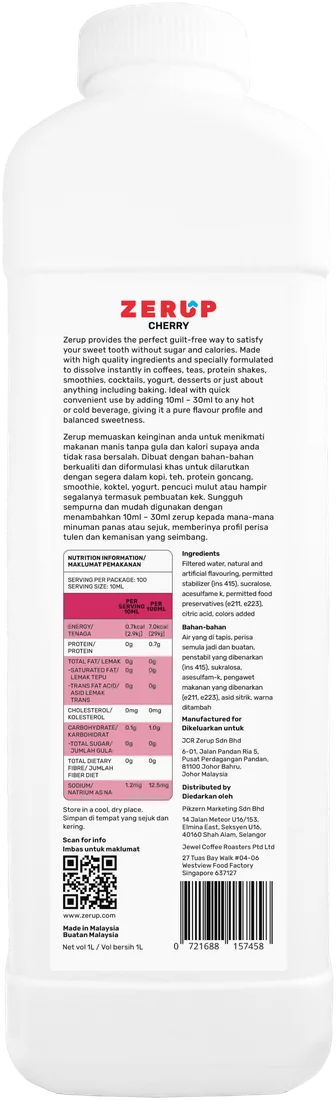 Zerup Cherry syrup 1L bottle — back label with ingredients and nutrition information