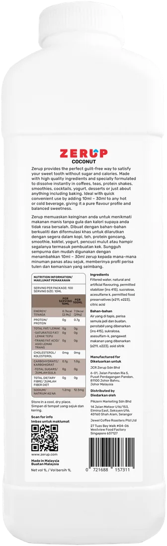 Zerup Coconut syrup 1L bottle — back label with ingredients and nutrition information