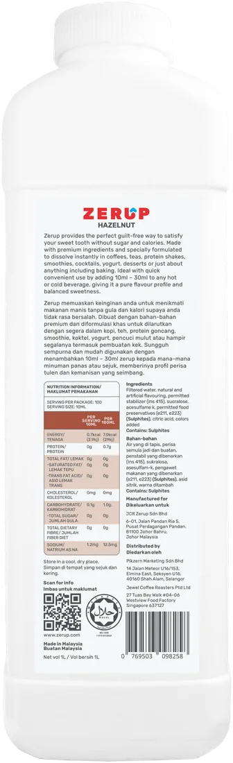 Zerup Hazelnut syrup 1L bottle — back label with ingredients and nutrition information