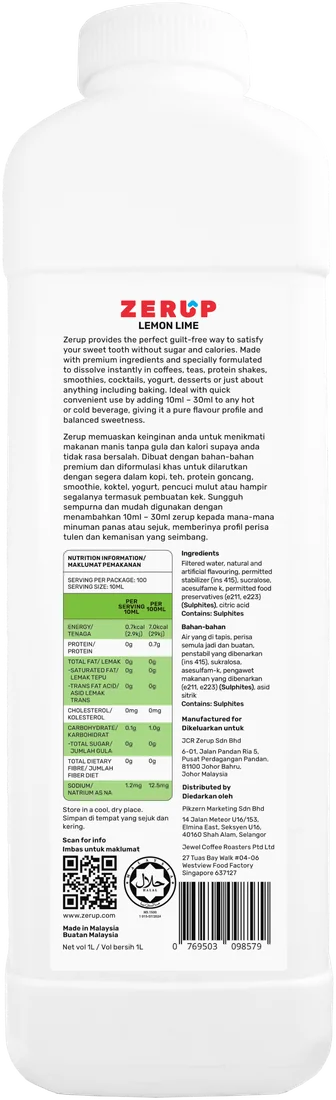 Zerup Lemon Lime syrup 1L bottle — back label with ingredients and nutrition information