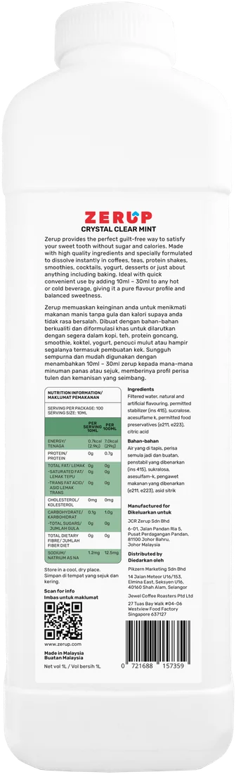 Zerup Crystal Clear Mint syrup 1L bottle — back label with ingredients and nutrition information