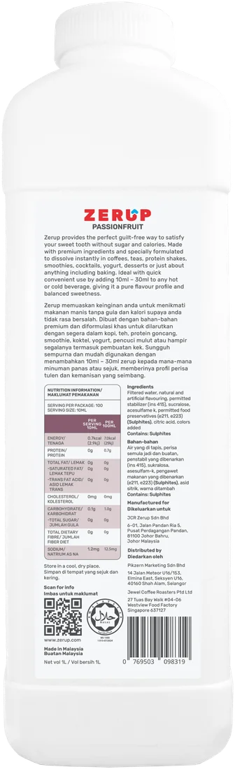 Zerup Passionfruit syrup 1L bottle — back label with ingredients and nutrition information