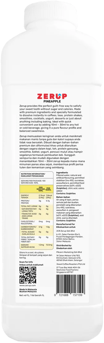 Zerup Pineapple syrup 1L bottle — back label with ingredients and nutrition information