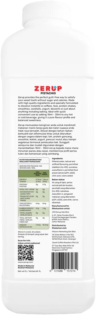 Zerup Pistachio syrup 1L bottle — back label with ingredients and nutrition information