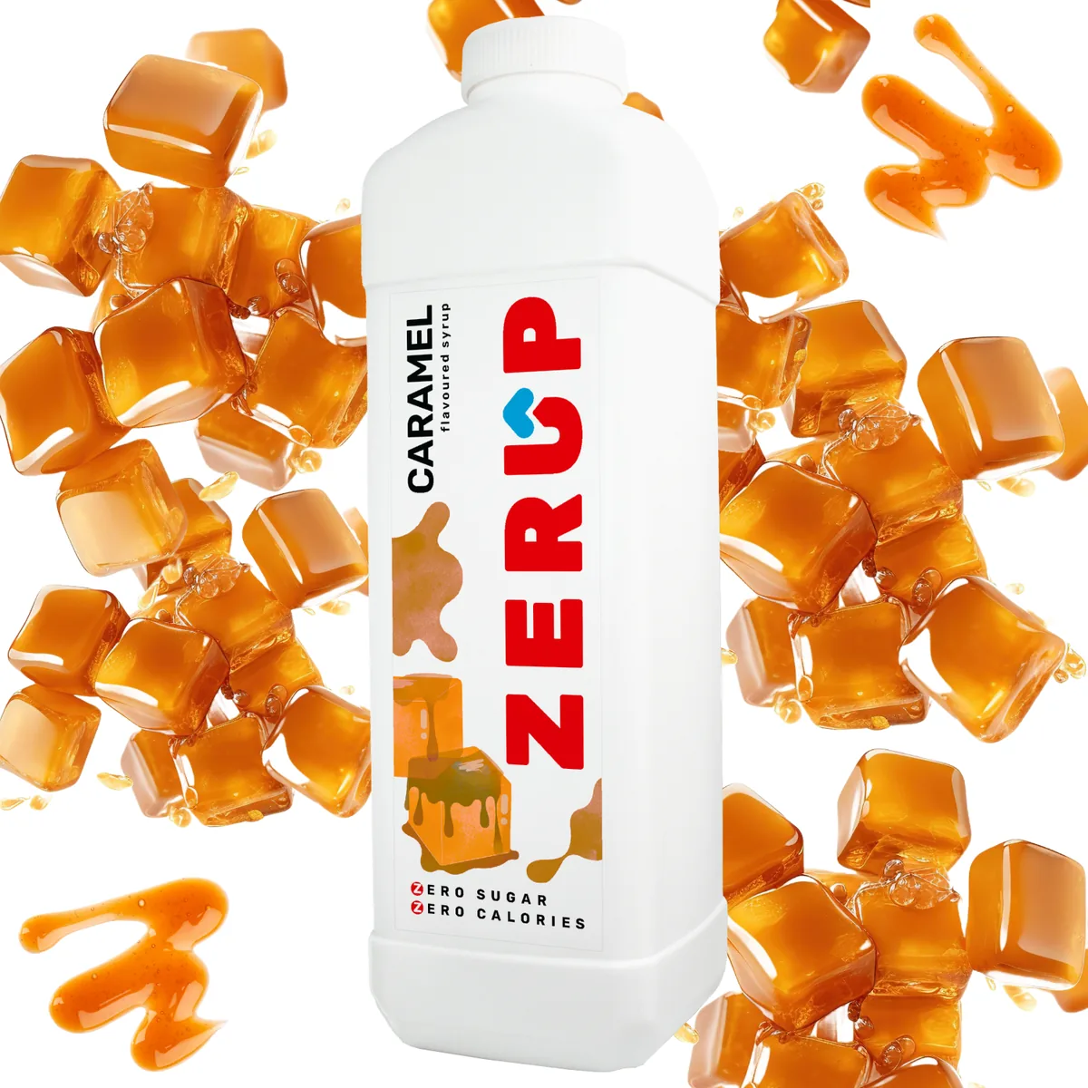 Zerup Caramel zero-sugar syrup 1L bottle with fresh ingredients