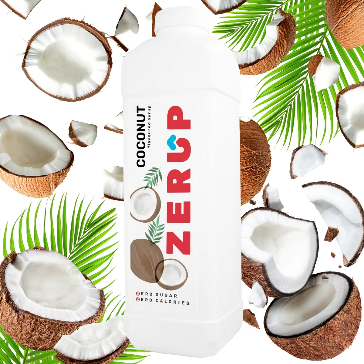 Zerup Coconut zero-sugar syrup 1L bottle with fresh ingredients