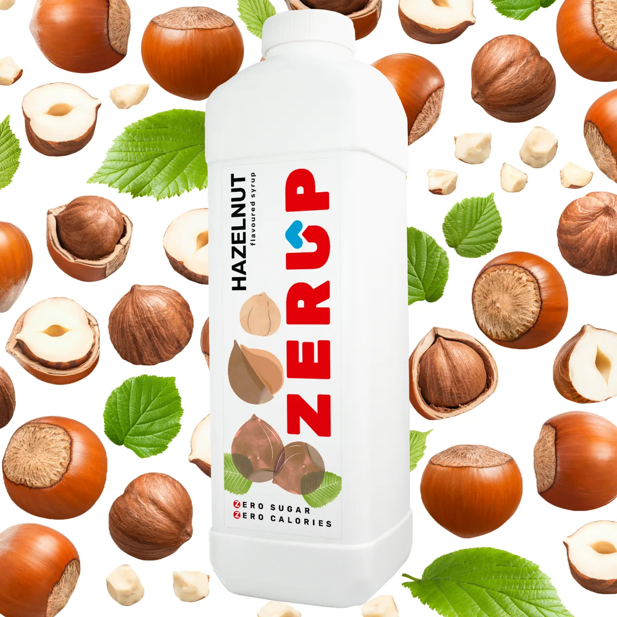 Zerup Hazelnut zero-sugar syrup 1L bottle with fresh ingredients