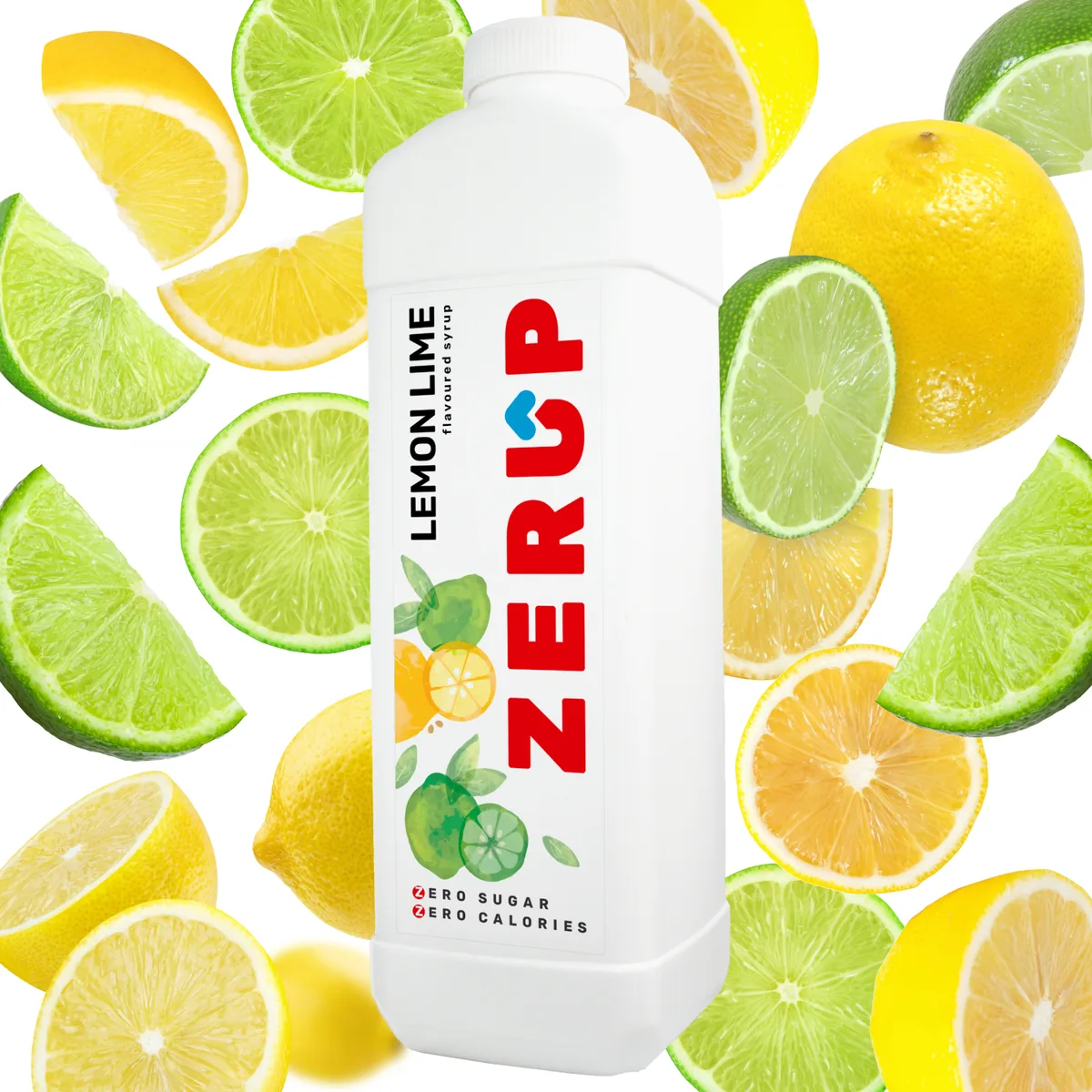 Zerup Lemon Lime zero-sugar syrup 1L bottle with fresh ingredients