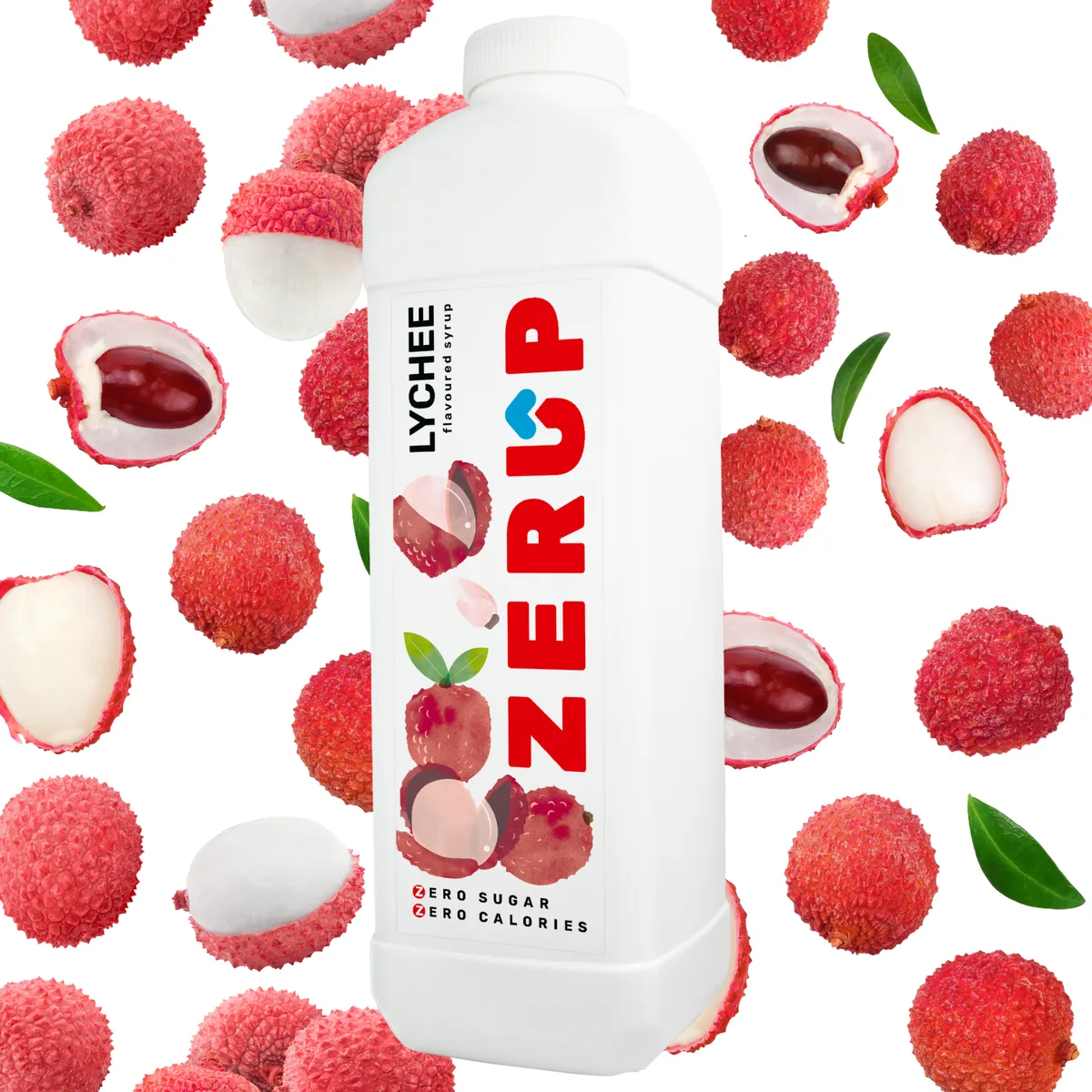 Zerup Lychee zero-sugar syrup 1L bottle with fresh ingredients