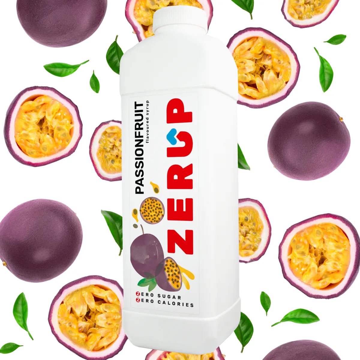 Zerup Passionfruit zero-sugar syrup 1L bottle with fresh ingredients