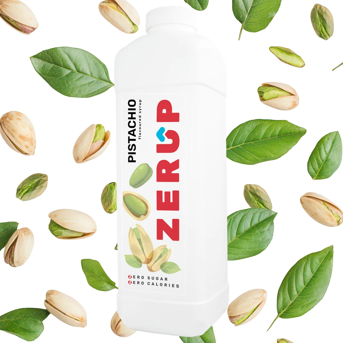 Zerup Pistachio zero-sugar syrup 1L bottle with fresh ingredients