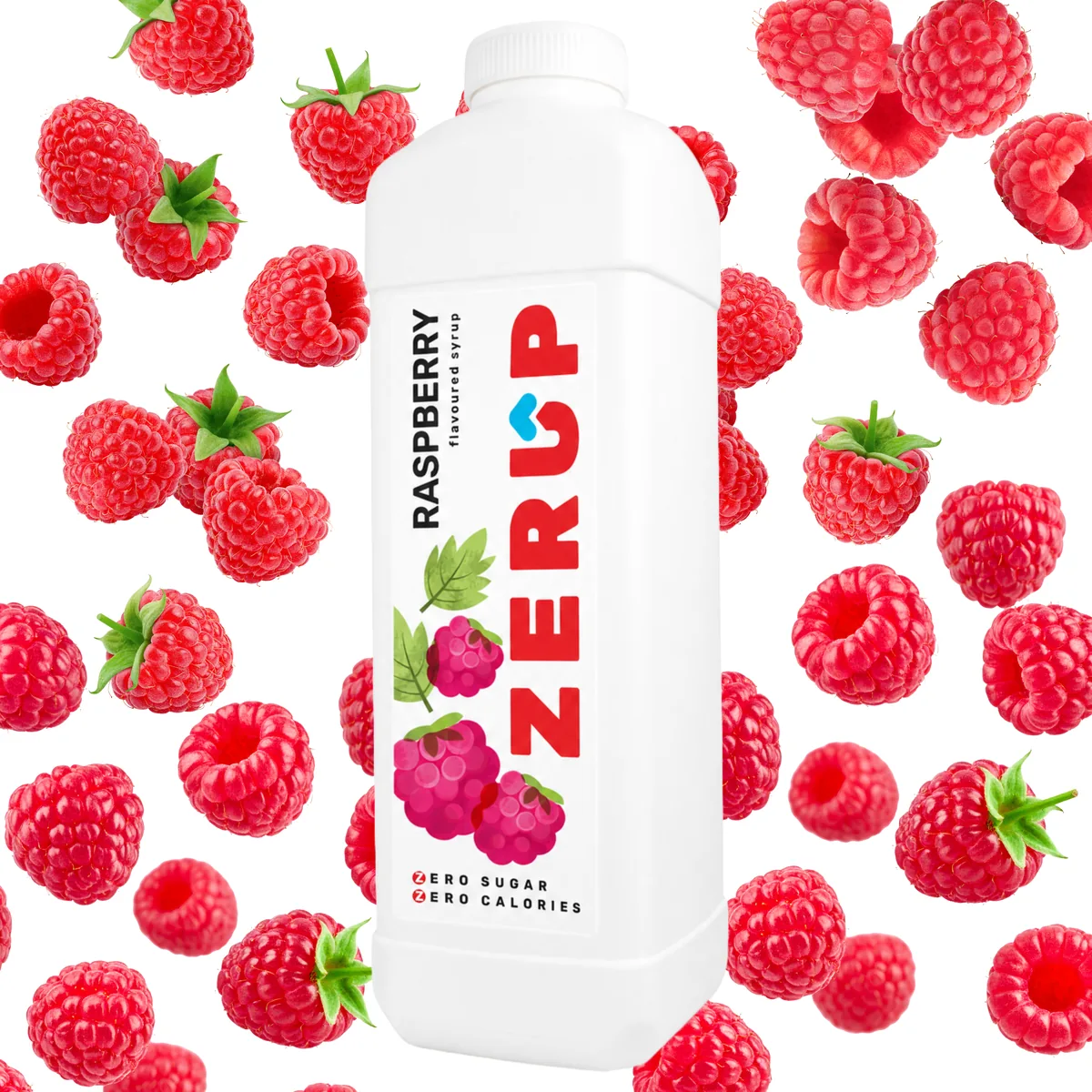 Zerup Raspberry zero-sugar syrup 1L bottle with fresh ingredients