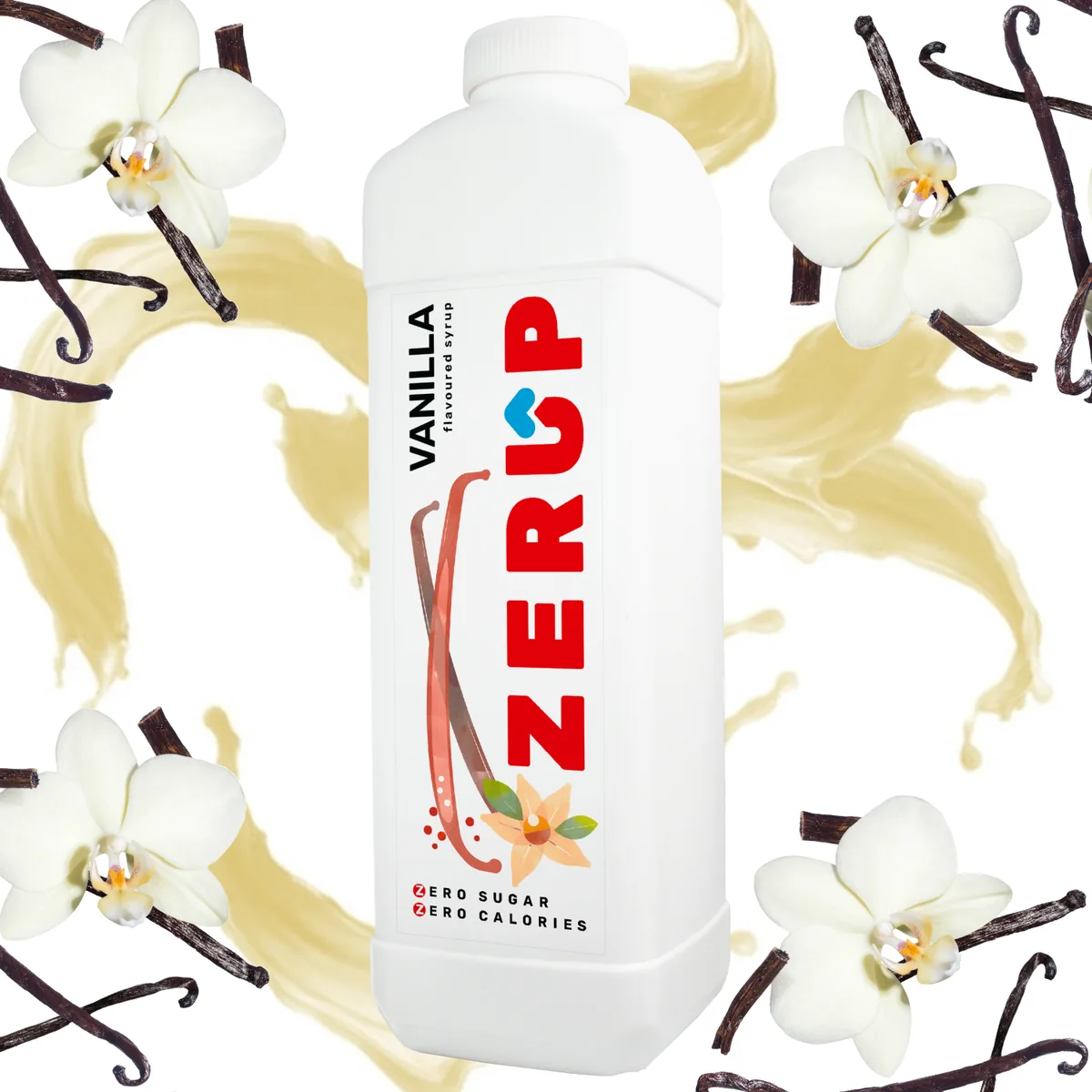 Zerup Vanilla zero-sugar syrup 1L bottle with fresh ingredients