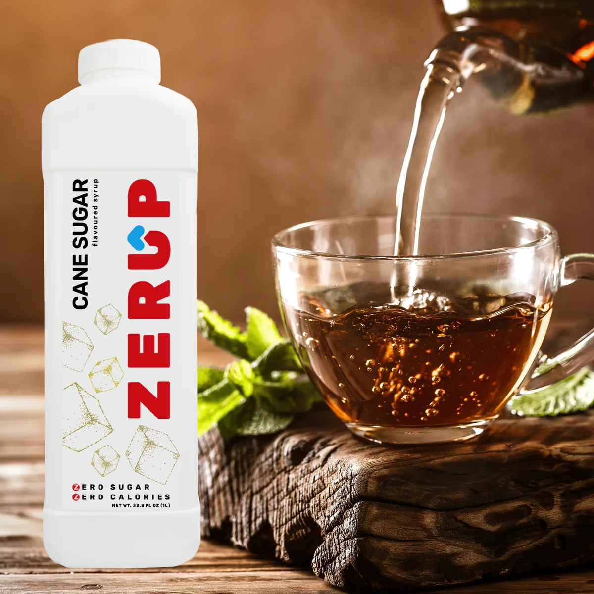 Zerup Cane Sugar zero-sugar syrup 1L bottle served in a drink