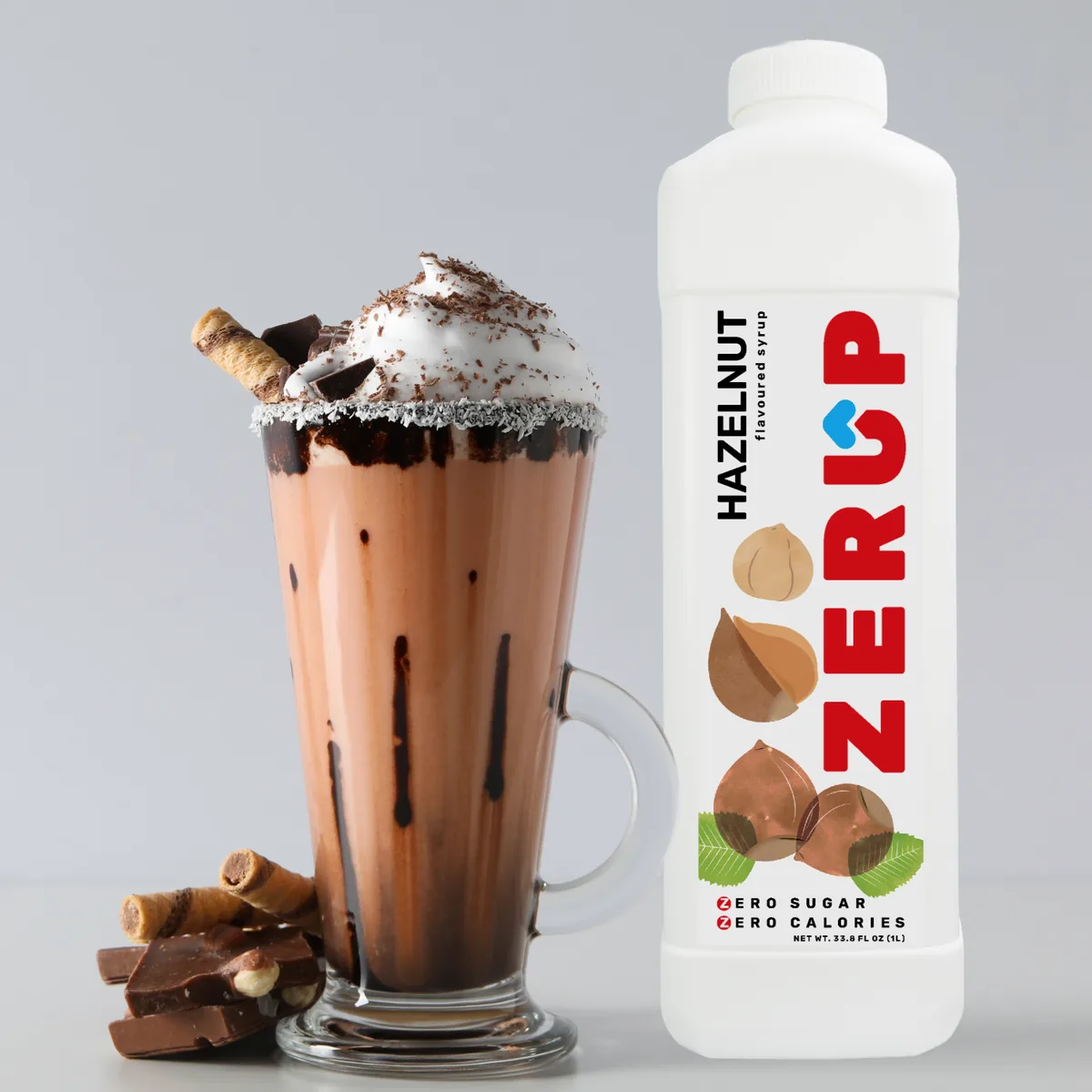 Zerup Hazelnut zero-sugar syrup 1L bottle served in a drink