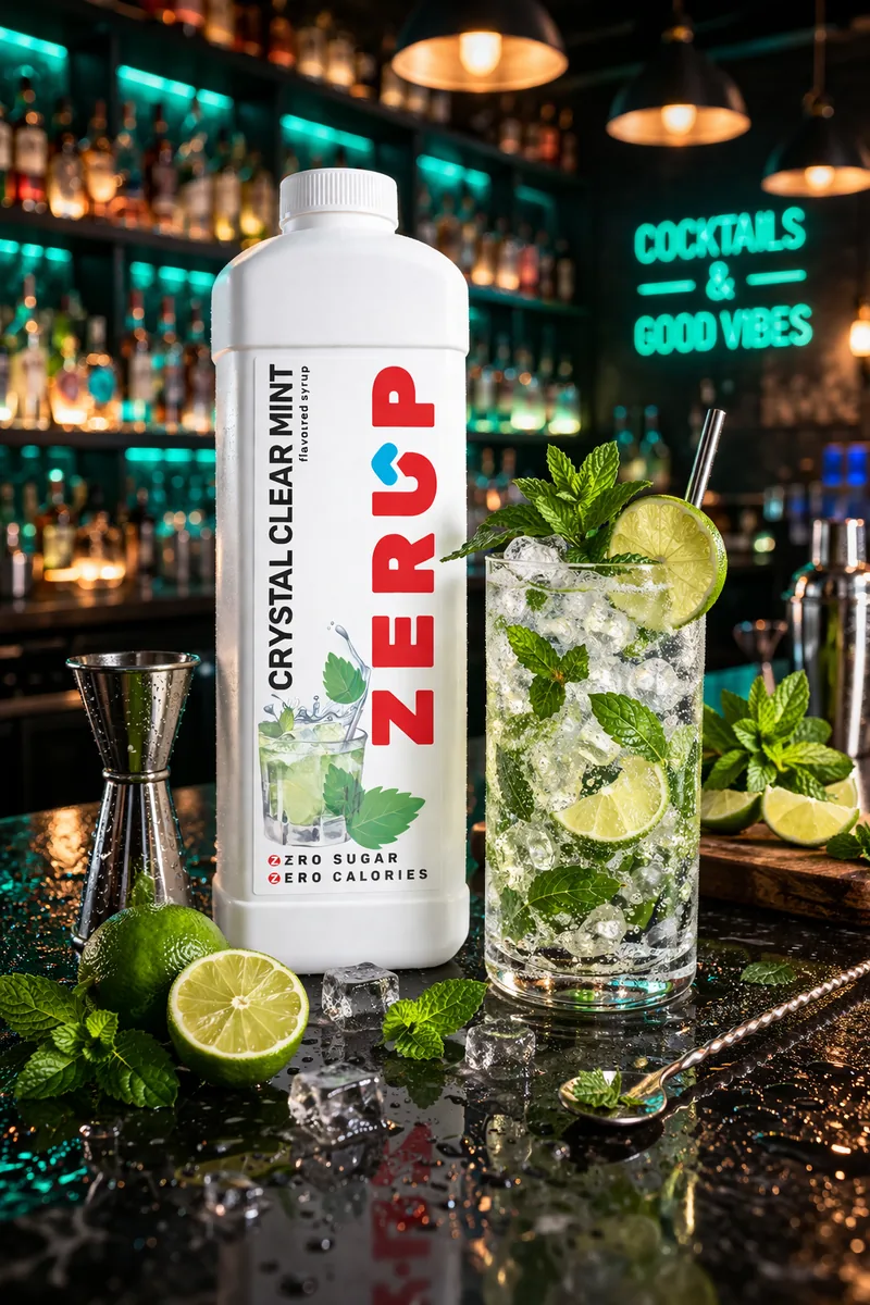 Zerup Mint zero-sugar syrup 1L bottle served in a drink