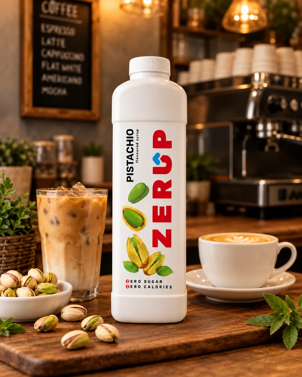 Zerup Pistachio zero-sugar syrup 1L bottle in a café setting