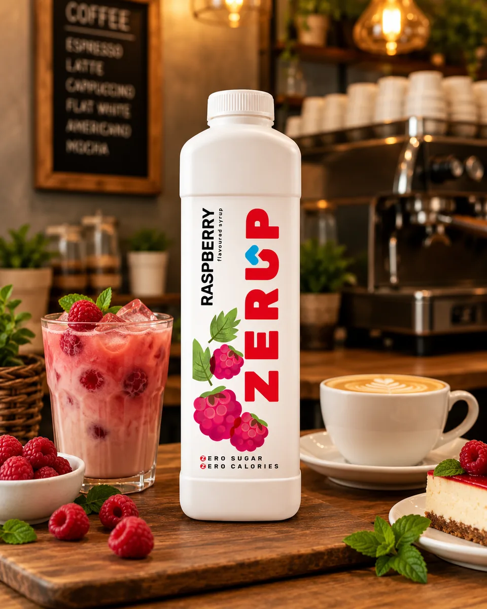 Zerup Raspberry zero-sugar syrup 1L bottle in a café setting