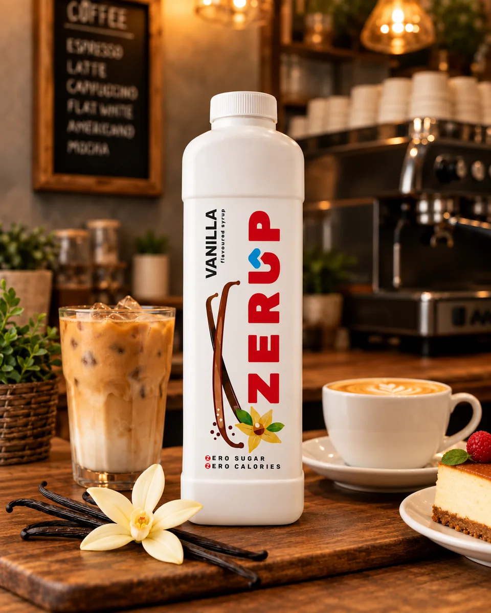 Zerup Vanilla zero-sugar syrup 1L bottle in a café setting
